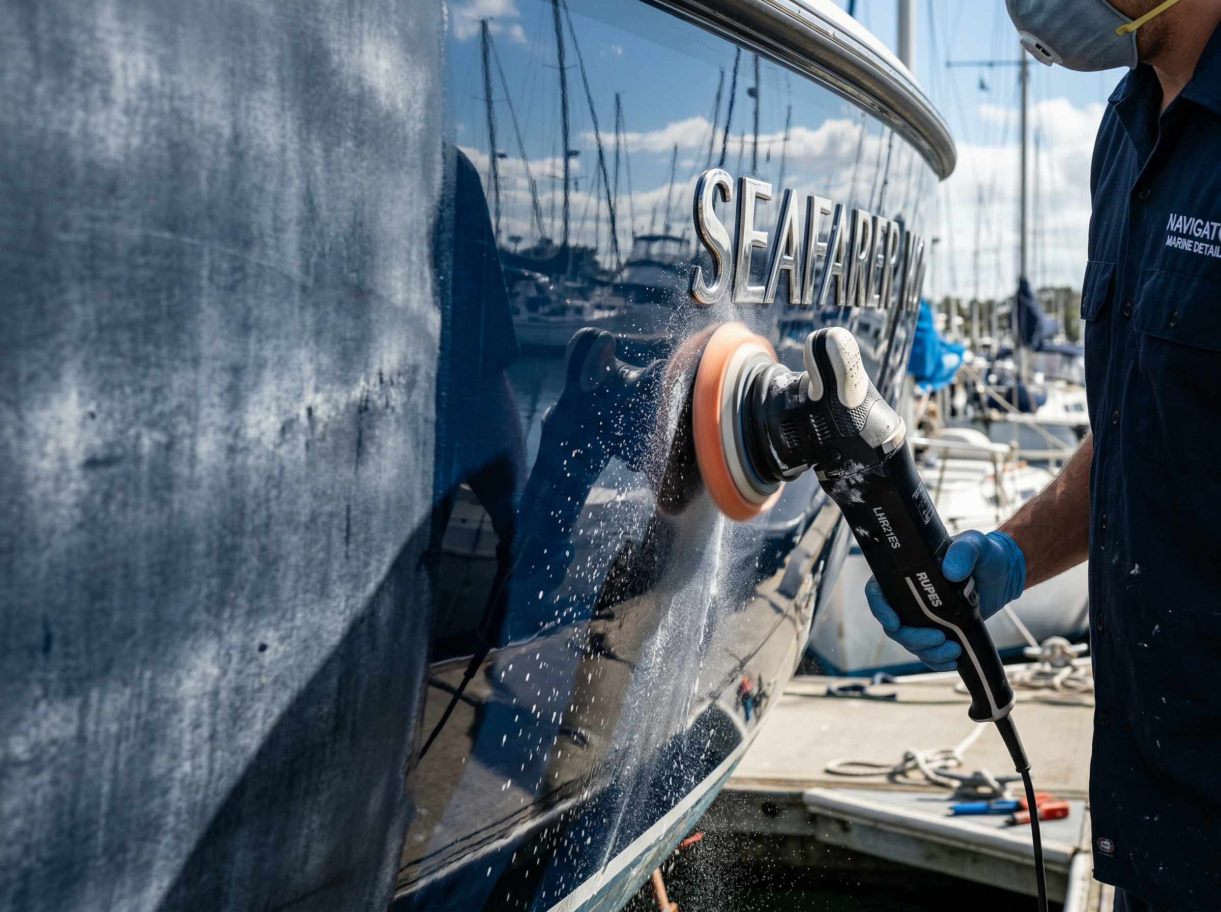 Close-up of professional boat hull polishing with a DA polisher